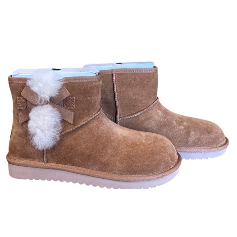 Koolaburra by UGG Victoria Mini Boots in Chestnut Suede Faux Fur Poms Size 7 New